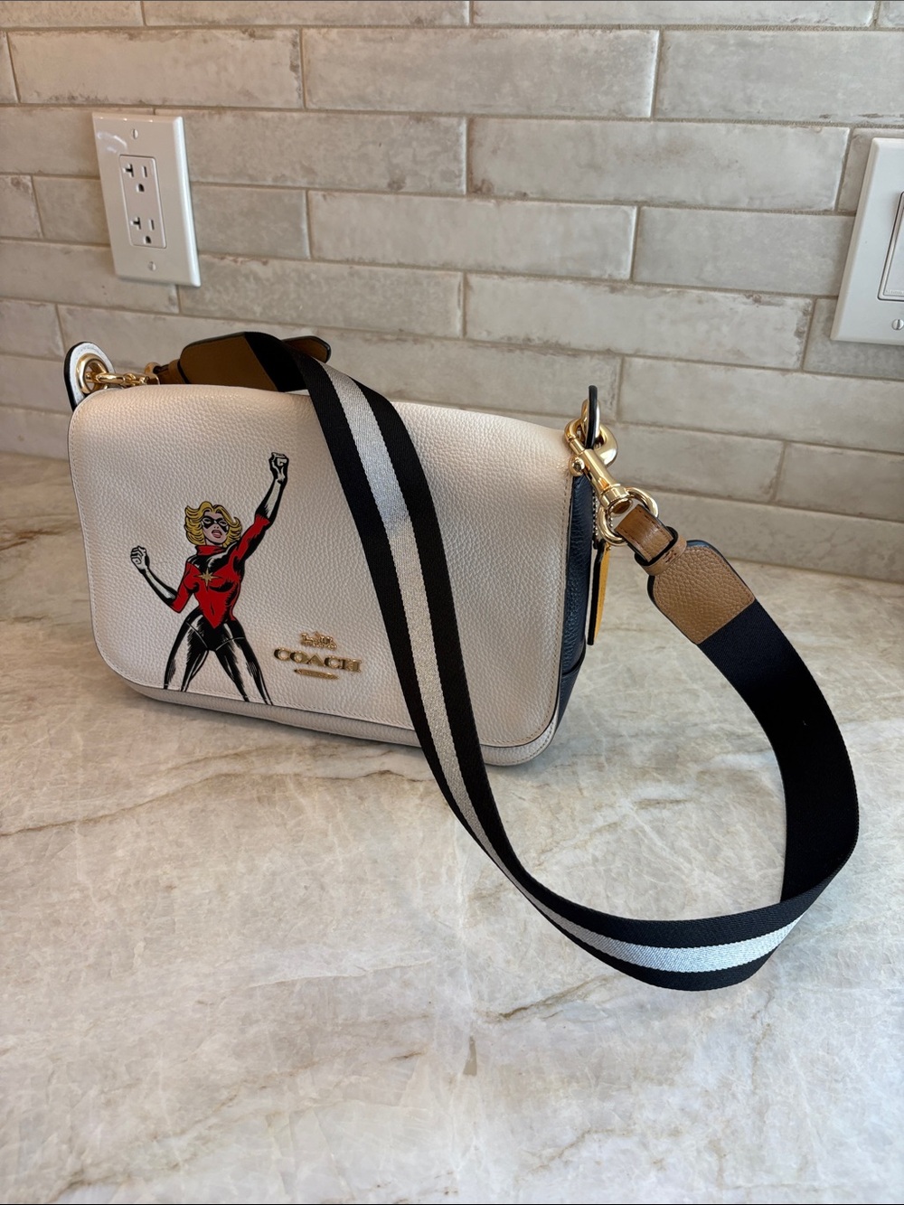 Coach White Pebbled Leather Crossbody with Graphic Hero and Striped Strap